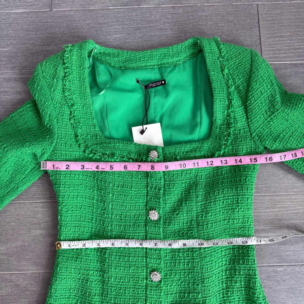 ZARA Kelly Green Textured Tweed Mini Dress Jewel Buttons NWT S Blogger Favorite - Picture 15 of 16